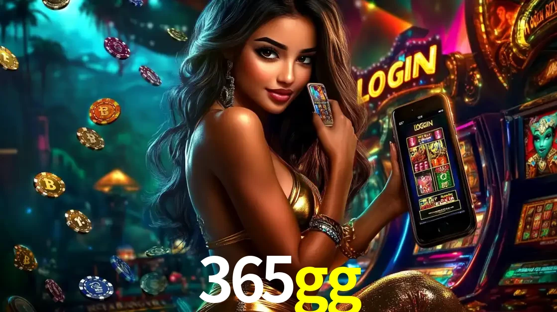 Mulher em um cenário de cassino temático de aventura, mostrando o app de caça-níqueis da 365gg no celular. Fichas de apostas flutuam ao redor.
