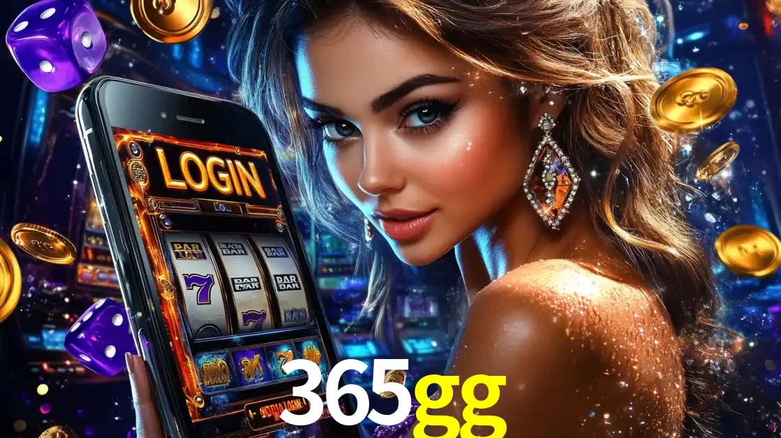 Mulher glamorosa segurando um smartphone com a tela de login para os jogos de caça-níqueis do cassino online 365gg, com moedas de ouro e dados ao redor.