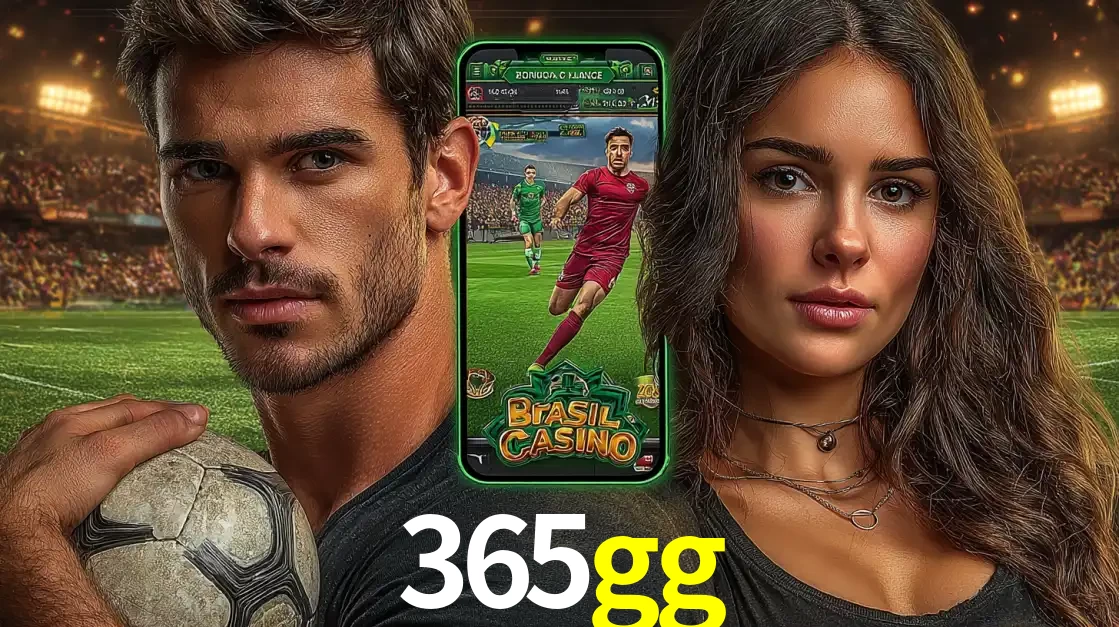 Homem segurando uma bola de futebol e uma mulher ao lado de um smartphone exibindo o jogo de apostas esportivas da 365gg. Faça seu palpite no cassino online.